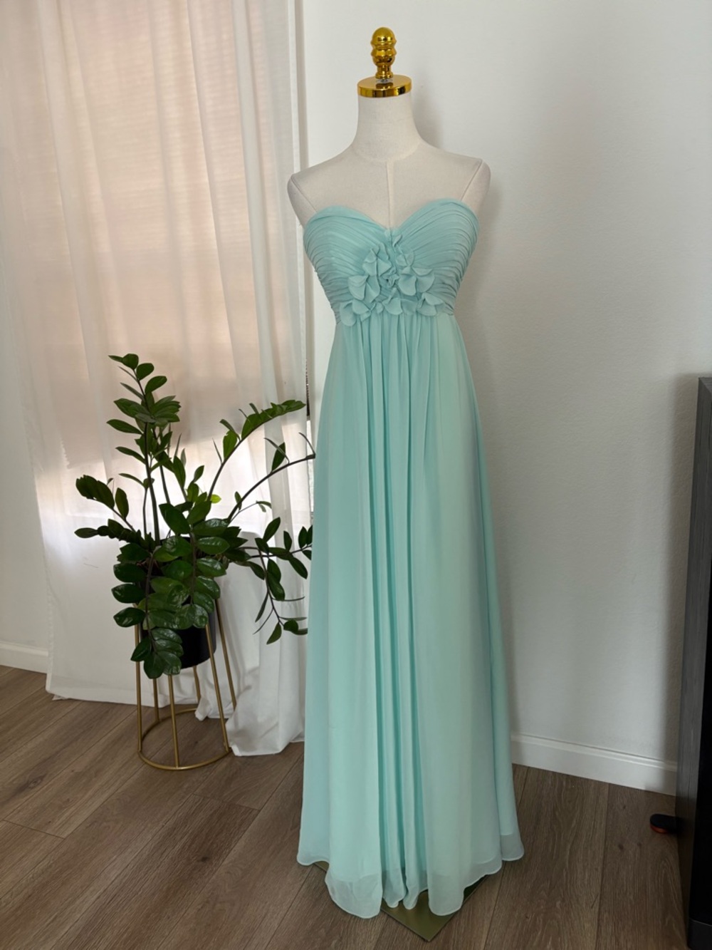 ✨ Bill Levkoff Aqua Blue Chiffon Fairy Prom Maxi Dress | Floral Strapless Gown